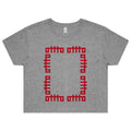 The OTTTO Box Heather Grey Cropped Women's T-Shirt features red pixel-style "otto otto" text four times in a square. Preorder this high-quality Bella+Canvas short-sleeve tee now!.