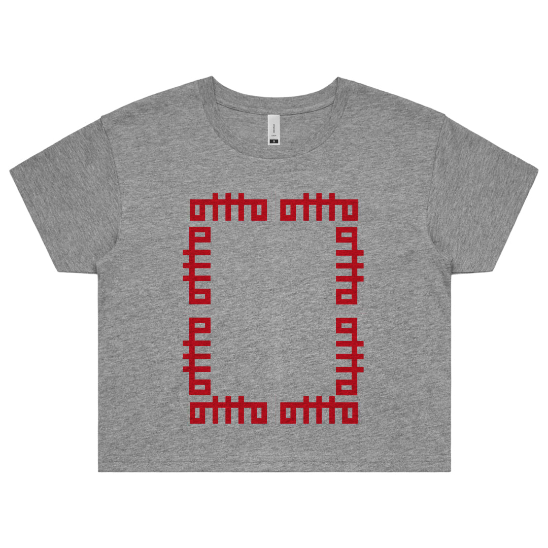 The OTTTO Box Heather Grey Cropped Women's T-Shirt features red pixel-style "otto otto" text four times in a square. Preorder this high-quality Bella+Canvas short-sleeve tee now!.