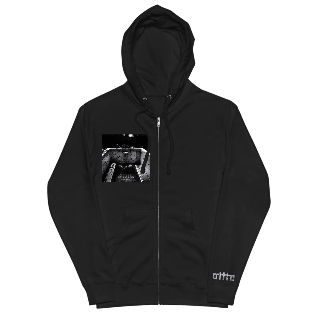 The OTTTO Sweaty Pool Black Zip-Up is crafted from Gildan Softstyle, featuring a small black-and-white urban photo on the left chest and a white logo by the hem. This high-quality hoodie is available now for presale.